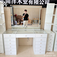 Table de maquillage rose avec miroir LED, meuble de rangement latéral, plateau en verre et tiroirs – Vente en gros OEM