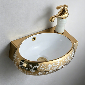 Lavabo mural ovale en céramique plaqué or style Moyen-Orient, gain de place, pour hôtel et usage domestique - Product Image 1