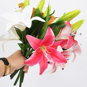 High quality washable Artificial 3D Print 2 flower heads Lily Bouquet Artificial Flowers for Home Wedding Decorative Flowers
