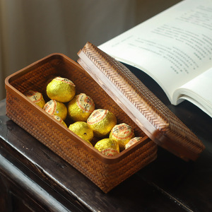 Caja rectangular pequeña de bambú tejida a mano para ceremonia del té, joyas, antiguos, color envejecido - Product Image 3