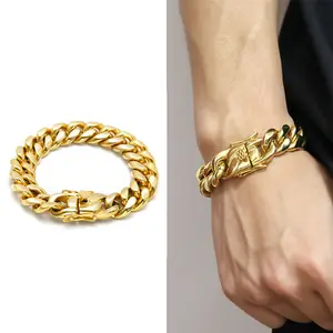 Hip Hop Cuban Link Bracelet Mens Thick Stainless Steel Cuban Curb Link Chain 18k Gold Plated Titanium Cuban Bracelet