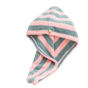 Gorro de secado rápido de forro polar coral a rayas para mujer, pañuelo grueso de secado rápido para el hogar, viajes, playa, toalla de secado de pelo altamente absorbente - Product Image 2