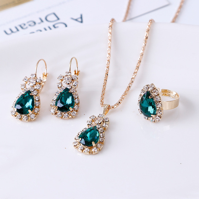Factory Wholesale Fashion Bridal Wedding Jewelry Set Party Three-Piece Jewelry Oval Drop Pendant Gemstone Set for Women