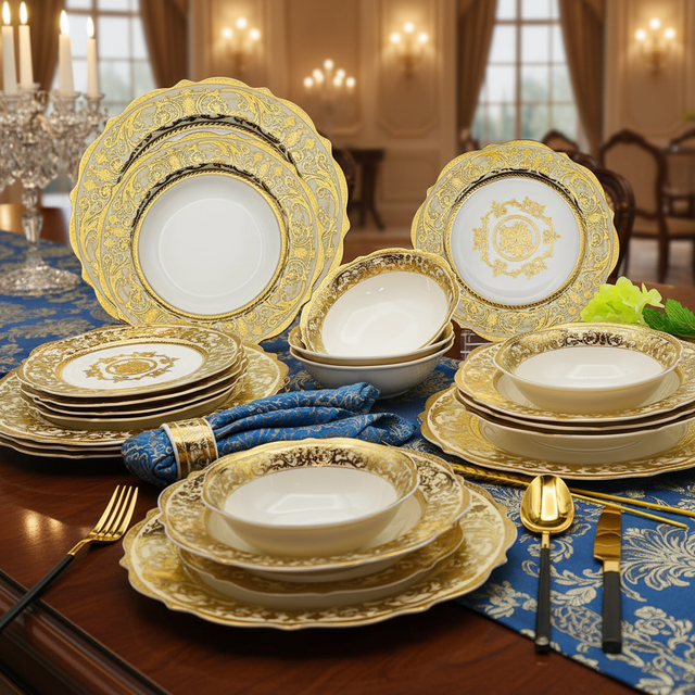 Karosa 24pcs Embossed Gold Porcelain Tableware Set Luxury Style Bone China Dinner Sets