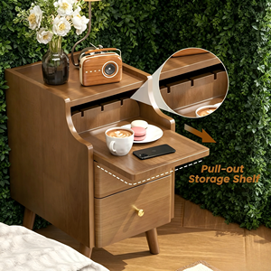 Table de chevet en bois massif avec 2 tiroirs et étagère ouverte, meuble de chambre à coucher de style moderne du milieu du siècle - Product Image 5
