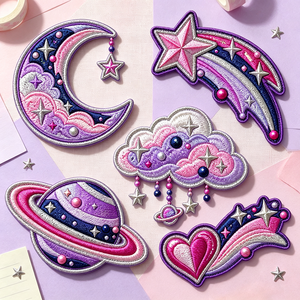 Ensemble de patchs brodés Cosmic Candy, motif lune, étoile, planète, cœur, nuage, rose, violet, pastel, thème féerique, applique décorative - Product Image 1