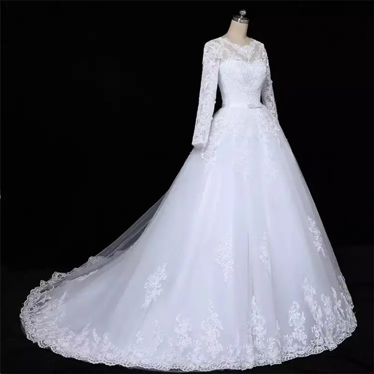 2022 새로운 디자인 화이트 순수한 흰색 긴 소매 레이스 섹시한 웨딩 드레스 신부 볼 가운