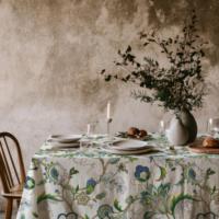 Nappe florale bleue et verte à motif botanique, décoration de salle à manger de style campagnard, style vintage fait main