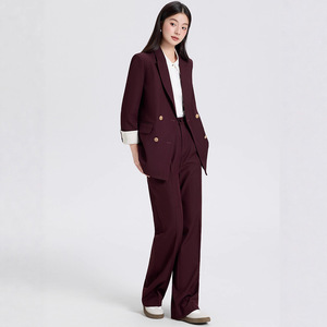 Women's Burgundy Double-Breasted Blazer With White Cuff Contrast Peak Lapel Casual Suit Jacket - Product Image 4