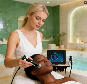 Machine de beauté à radiofréquence fractionnée dorée 8 langues, <span class=keywords><strong>prix</strong></span> de gros, avec 2 poignées, portable, pour raffermissement cutané du visage et du corps - Product Image 1