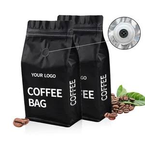 Saco de café estampado personalizado, fundo plano com válvula e papel embalar zíper 250g preto feijão de café