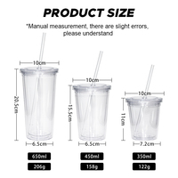 Vente en gros de gobelets à double paroi en plastique transparent sans BPA de 12 oz, 16 oz et 24 oz, pour jus, eau, thé, café, avec paille et couvercles