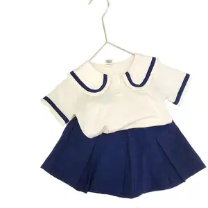 Bear Leader Girl Clothes New Summer Lapel Stitching Short Sleeves + Solid Color Short Skirt 2pcs Set Campus Style Casual Suit