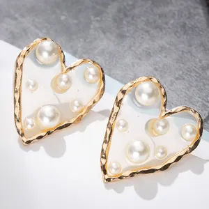 庞克时髦镀金大心形仿塑珍珠女式耳环