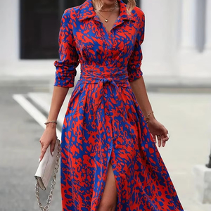 Robe chemise longue éco-responsable pour femme, imprimé intégral, boutonnée sur le devant, fente sur la cuisse, style bohème, à nouer devant, manches longues, coupe trapèze - Product Image 1