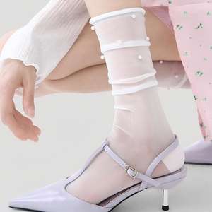 <span class=keywords><strong>Chaussettes</strong></span> transparentes pour femmes, ornées de perles, en maille translucide, ultra-extensibles, avec bord antidérapant, pour un usage quotidien décontracté - Product Image 1