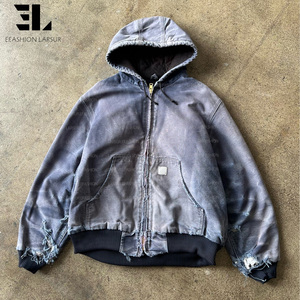 LARSUR Custom Distress Wash Sun Faded Heavy Duck Canvas Hood Work Jacket Quilte Lined Worker Detroit Carpenter Jacket Chore <strong>Coat</strong>