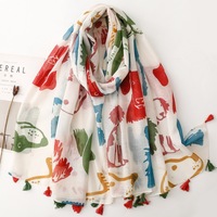 Nouveauté Mode : Grands foulards de plage anti-UV avec pompons, motif animalier chien, en voile de coton, pour femmes