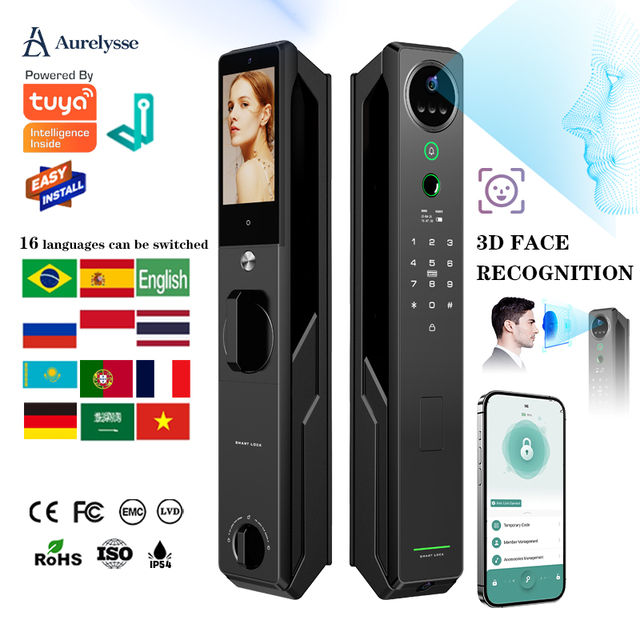 Aurelysse Tuya WiFi Smart Door Lock 3D Face Recognition Palm Vein Unlock Video Intercom High Security Wood Cloud Support ODM