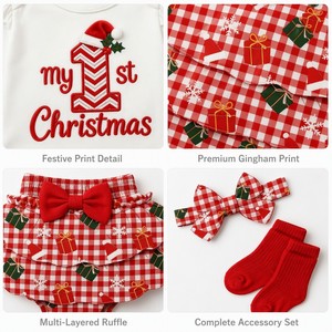 Vestito Natalizio per Neonata 0-18 <span class=keywords><strong>Mesi</strong></span>, Set <span class=keywords><strong>4</strong></span> Pezzi: Body a Maniche Lunghe, Pantaloncini con Volant, Fascia con Fiocco, Calzini - Regalo per le Feste - Product Image 5