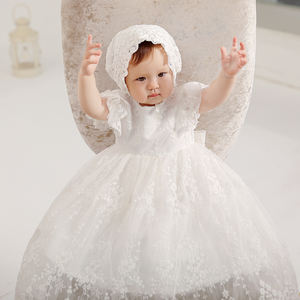 Enfant en bas âge filles robes <span class=keywords><strong>blanc</strong></span> Floral baptême baptême robe de mariée bébé fille robe tenue avec Bonnet 2025 - Product Image 1