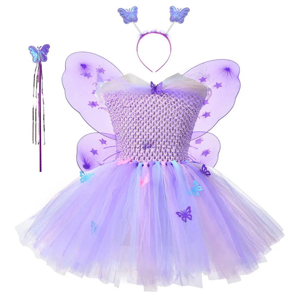 Mädchen lila Schmetterling Tutu Kleid Kinder Tüll Kleid Ballkleid mit Flügel Karneval Halloween Fairy Dress Up Kostüm für Kinder