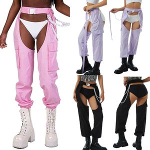 King Mcgreen Satr femmes entrejambe ouvert solide taille haute sans entrejambe pantalon avec chaîne ceinture Sexy boîte de nuit entrejambe pantalons longs - Product Image 1
