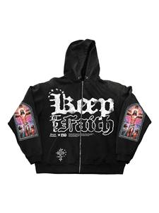 Men's <b>Black</b> <b>Zip</b>-<b>Up</b> <b>Hoodie</b> Keep The Faith Christ Print Streetwear Knitted Polyester Autumn Wear Regular Fit Hooded Sweatshirt - Product Image 3