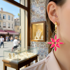 Magenta <b>Pink</b> Enamel Dangle Earring Turkish Wholesale Handmade 925 Sterling Silver for Ladies Jewelry - Product Image 3