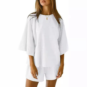 Ensemble 2 pièces pour femmes, haut à manches trois-quarts, short à taille élastique, costume décontracté, couleur unie, SMLXLXXL, blanc, noir, gris, bleu, kaki - Product Image 1