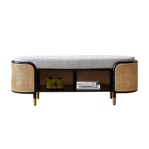 Light Luxury Modern Fabric <strong>Rattan</strong> Bed with Wooden Solid Legs <strong>Storage</strong> Stool for Home Use for Bedroom Living Room Lounge <strong>Bench</strong> - Product Image 5