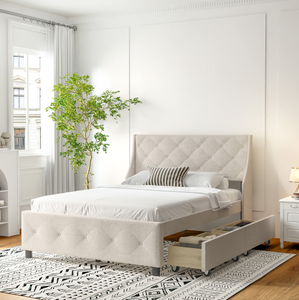 Queen Size <b>Soft</b> Bed Frame Storage Headboard Wood Platform Bed No Noise Mattress Foundation Strong Wood Slats Support No <b>Box</b> - Product Image 1