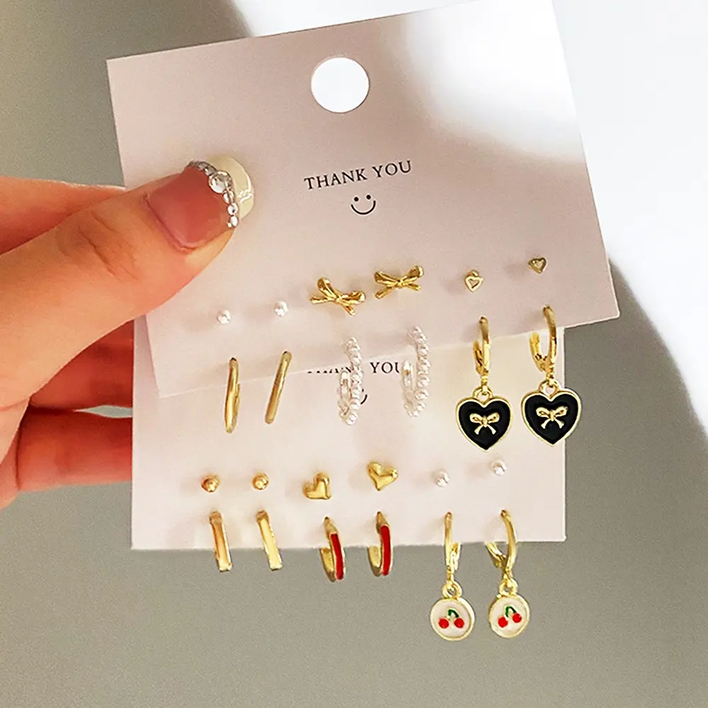 6 pasang/set anting-anting kancing mutiara imitasi simpul kupu-kupu manis untuk wanita anak perempuan liontin ceri hati anting-anting Hoop perhiasan