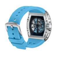 Montre de sport DIFFUL pour homme, 42 mm, tonneau, squelette, automatique, cadran en verre, boîtier en alliage, bracelet en caoutchouc, étanche 3 ATM