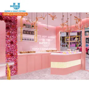 गुलाबी वाणिज्यिक डेसर्ट बेकरी की दुकान सजावट कस्टम कॉफी मिठाई की दुकान प्रदर्शन काउंटर बेकरी केक की दुकान फर्नीचर