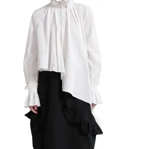 2023 봄과 가을 새로운 지적 스타일 서 목 접기 불규칙한 흰색 긴 소매 셔츠 느슨한 중간 길이 셔츠