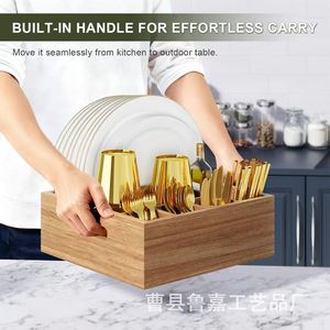 Wooden Cutlery <b>Storage</b> <b>Box</b> Rectangular Portable Picnic Organizer For Outdoor <b>Camping</b> Utensil Set With Plate And Cup Holder - Product Image 3