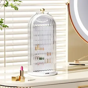 Clear 360 Rotating Lid Jewelry Organizer Plastic Jewelry Box With Necklace And Earring Storage Women's Vanity Accessory Holder