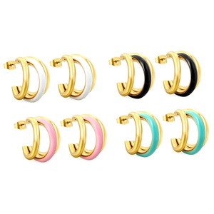 Ins Popular Multilayer C Shaped 18k <b>Gold</b> Plated <b>Chunky</b> Stainless Steel Jewelry Multicolor Enamel <b>Hoop</b> Earrings for Women - Product Image 3