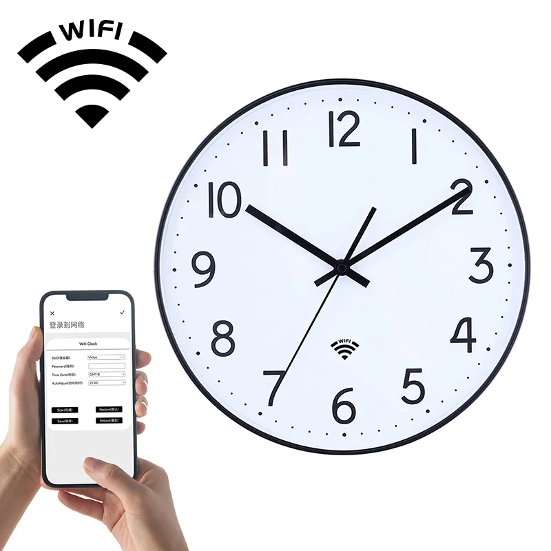WiFi นาฬิกาแขวนพลาสติกตกแต่งทันสมัย ไฮไลท์ กรอบสีเงิน สง่างามสร้างสรรค์ ซื้อออนไลน์ นาฬิกาแขวน ทรงกลม 12 นิ้ว