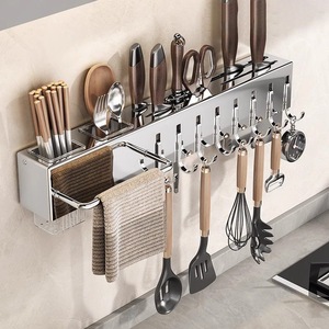 Stainless Steel <b>Kitchen</b> Knife <b>Rack</b> Wall Mounted Multi Functional Chopstick Holder With Hooks And Towel Bar For Utensil Storage - Product Image 4