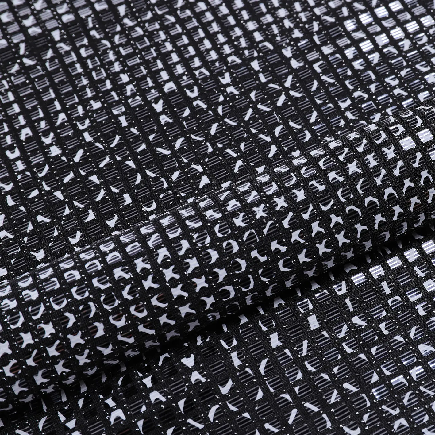 Embossed Sequence Fabric Knit Ground with Silver Lurex Dot Print Coated Stretch 4mm Square Punching Sequin Fabric