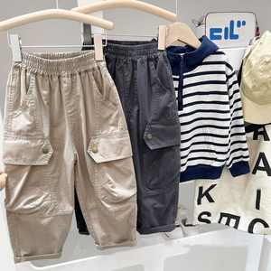 Vêtements pour enfants, vêtements pour bébés garçons, pantalons courts, pantalons amples en coton kaki uni, pantalons cargo amples pour enfants 2026 - Product Image 1