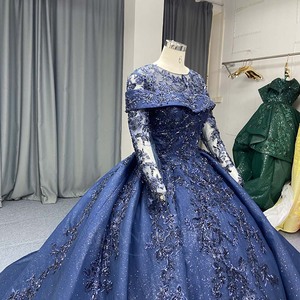 Vestido de Quinceañera Azul Marino de Lujo Lsany279, Cuello Ilusión, Manga Larga, Apliques de Encaje, Vestido de Princesa con Brillo, Jancember - Product Image 5