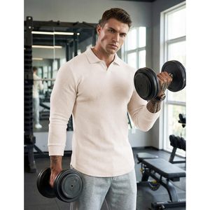 FOXA Men's Polo Shirt Long Sleeve V Neck Knitted Cotton Breathable Casual Dress Golf Shirt - Product Image 4