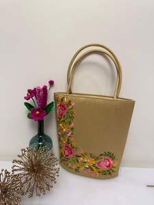 Custom made hand-embroidered floral <b>tote</b> <b>bag</b> Made from durable brown <b>fabric</b>, this <b>bag</b> features exquisite floral embroidery. - Product Image 3