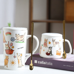 Mug en céramique pour animaux de compagnie, chien et chat mignons, avec couvercle et cuillère, résistant aux hautes températures, pour couple - Product Image 1