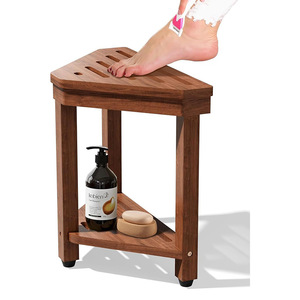 Wooden <b>Bathroom</b> Shower <b>Stool</b> Two Tier Storage Rack Triangular Toilet Seat With Shelf For Toiletries Minimalist Design - Product Image 1