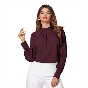 Elegant Women's Spring Office Casual <b>Blouse</b> Breathable Chiffon Pleated Lantern Sleeves Stand Collar Button Decor Front Nonwoven - Product Image 2
