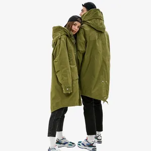 Custom logo autumn and winter couple ladies green long front short back long solid color hooded trench coat with drawstring